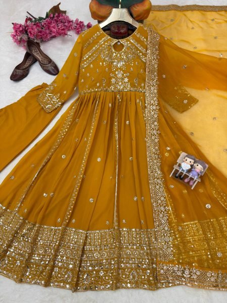 Charismatic Yellow Georgette Anarkali Set With Zari Work And Fancy Lace In Dupatta Ready To Wear Collection