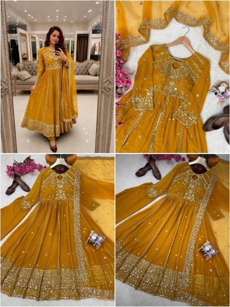 Charismatic Yellow Georgette Anarkali Set With Zari Work And Fancy Lace In Dupatta Ready To Wear Collection