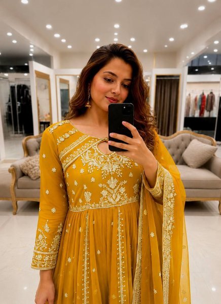Charismatic Yellow Georgette Anarkali Set With Zari Work And Fancy Lace In Dupatta Ready To Wear Collection