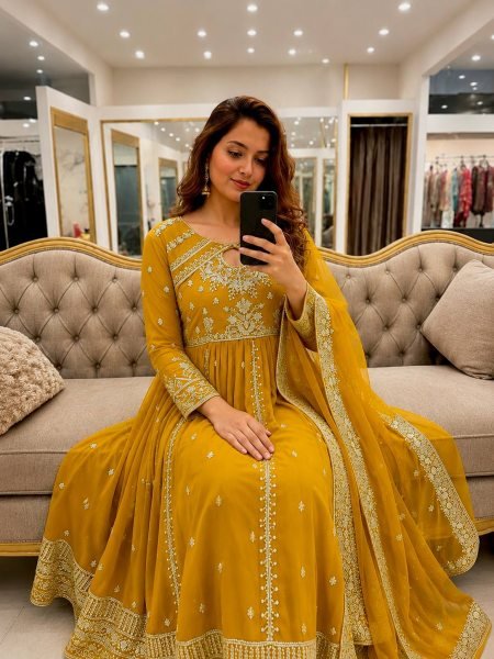 Charismatic Yellow Georgette Anarkali Set With Zari Work And Fancy Lace In Dupatta Ready To Wear Collection