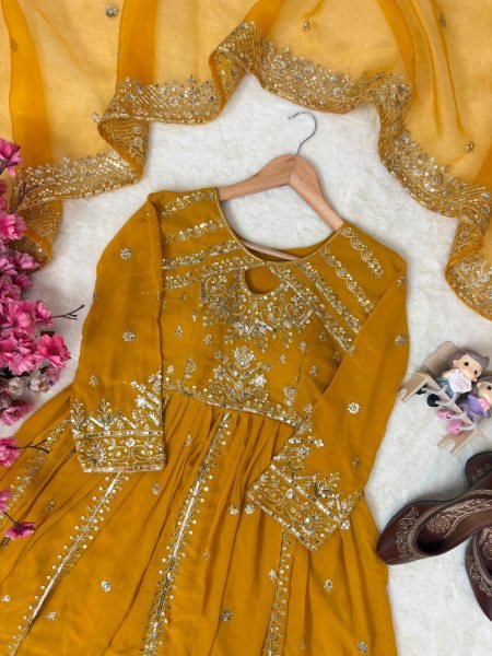 Charismatic Yellow Georgette Anarkali Set With Zari Work And Fancy Lace In Dupatta Ready To Wear Collection