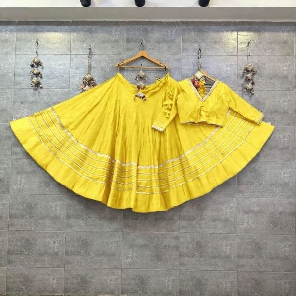 Charismatic Yellow Rayon Cotton Navratri Lehenga Choli with Heavy Lace Work Navratri Lehnega Choli
