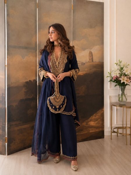 Charmin Blue Heavy Roman Silk Sharara Suit Set with Embroidery and Sequins Work For Festival 