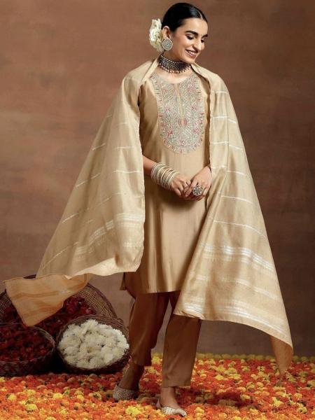 Charming Beige Embroidered Chanderi Straight Suit with Dupatta