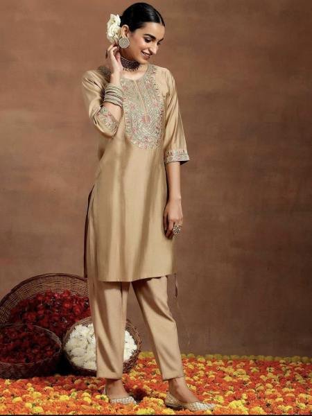 Charming Beige Embroidered Chanderi Straight Suit with Dupatta 3 Piece Kurti Set