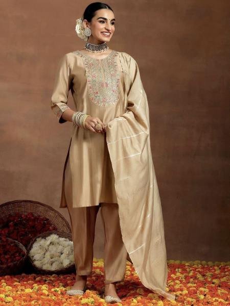Charming Beige Embroidered Chanderi Straight Suit with Dupatta 3 Piece Kurti Set