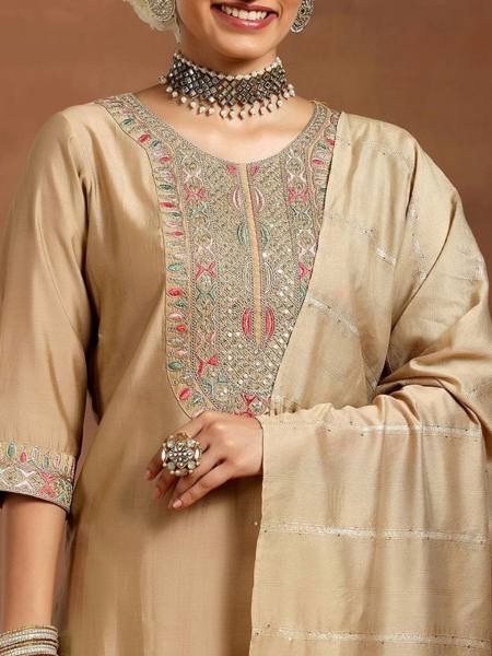 Charming Beige Embroidered Chanderi Straight Suit with Dupatta 3 Piece Kurti Set