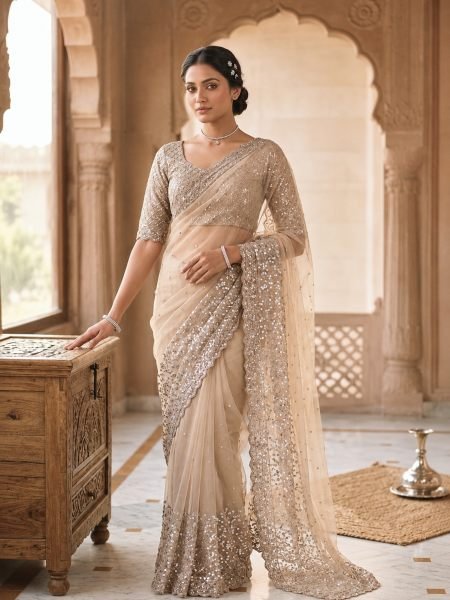 Charming Beige Net Saree with Embroidered Sequins Work Blouse for Wedding Wear 