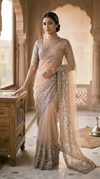 Charming Beige Net Saree with Embroidered Sequins Work Blouse for Wedding Wear Net Sarees Wholesale