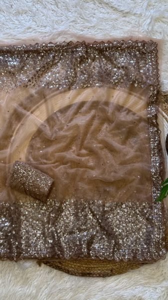 Charming Beige Net Saree with Embroidered Sequins Work Blouse for Wedding Wear Net Sarees Wholesale