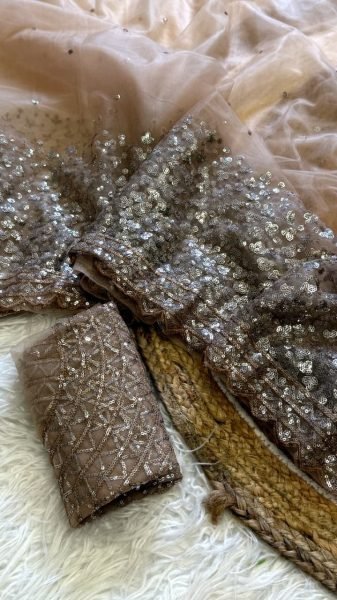 Charming Beige Net Saree with Embroidered Sequins Work Blouse for Wedding Wear Net Sarees Wholesale