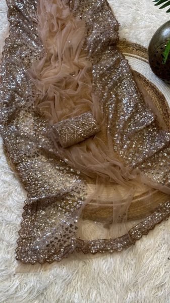 Charming Beige Net Saree with Embroidered Sequins Work Blouse for Wedding Wear Net Sarees Wholesale