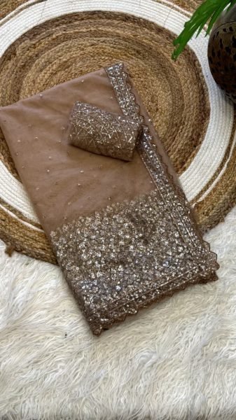 Charming Beige Net Saree with Embroidered Sequins Work Blouse for Wedding Wear Net Sarees Wholesale