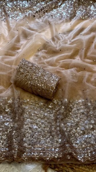 Charming Beige Net Saree with Embroidered Sequins Work Blouse for Wedding Wear Net Sarees Wholesale