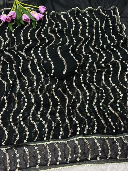 Charming Black Bollywood Style Butterfly Net Saree with Sequin Brits Work 
