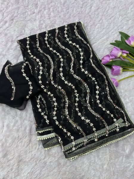 Charming Black Bollywood Style Butterfly Net Saree with Sequin Brits Work Bollywood Fancy Sarees Wholesale