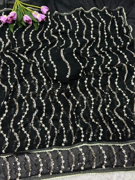Charming Black Bollywood Style Butterfly Net Saree with Sequin Brits Work Bollywood Fancy Sarees Wholesale