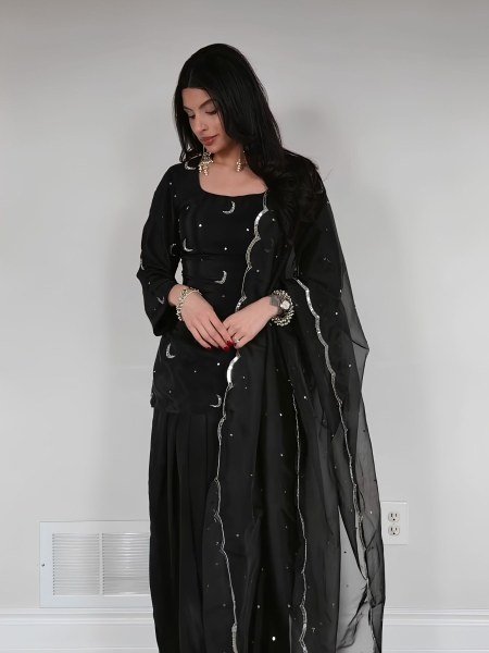 Charming Black Crepe Silk Farshi Salwar Suits With Embroidery Dupatta For Wholesale Only Ready To Wear Suit