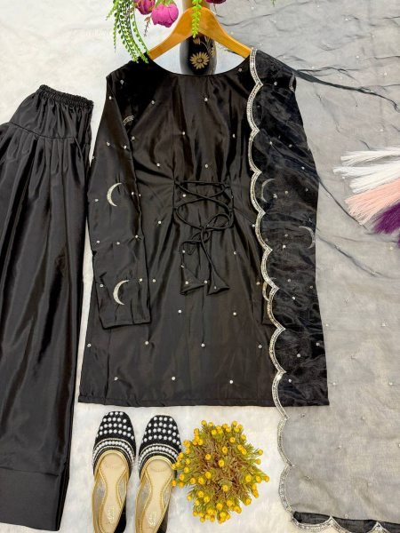 Charming Black Crepe Silk Farshi Salwar Suits With Embroidery Dupatta For Wholesale Only Ready To Wear Collection