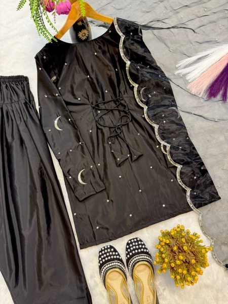 Charming Black Crepe Silk Farshi Salwar Suits With Embroidery Dupatta For Wholesale Only Ready To Wear Collection