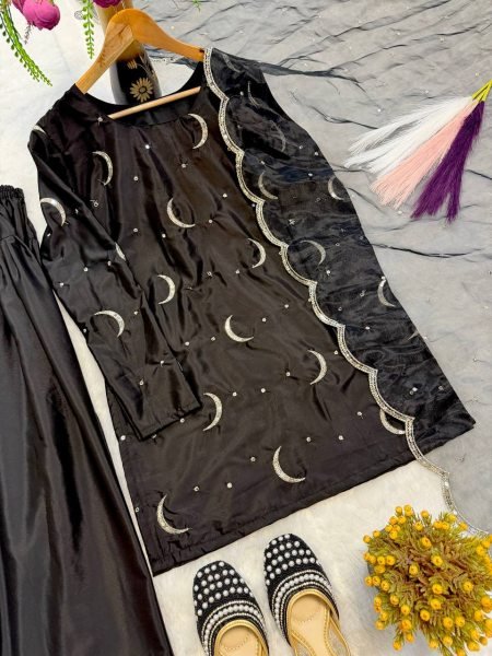 Charming Black Crepe Silk Farshi Salwar Suits With Embroidery Dupatta For Wholesale Only Ready To Wear Collection
