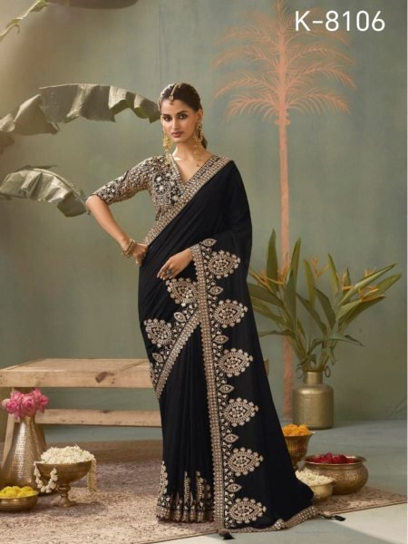 Charming Black Heavy Embroidered Silk Saree with Matching Designer Blouse For Functions Sarees 