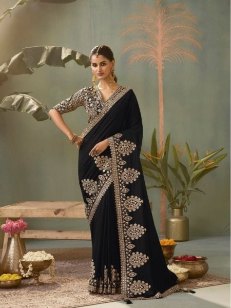 Charming Black Heavy Embroidered Silk Saree with Matching Designer Blouse For Functions Sarees 