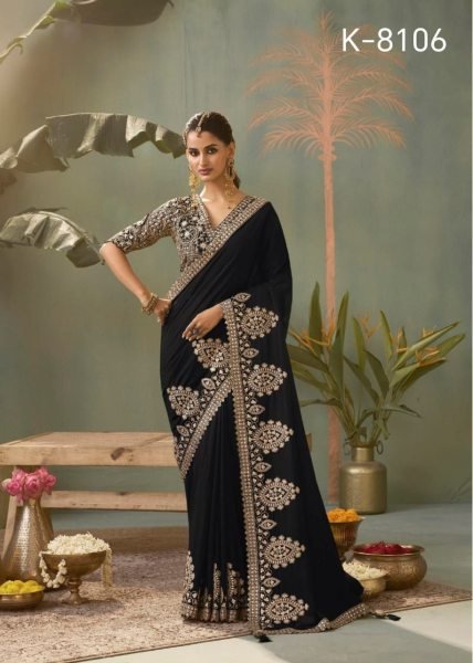 Charming Black Heavy Embroidered Silk Saree with Matching Designer Blouse For Functions Silk Sarees Wholesale