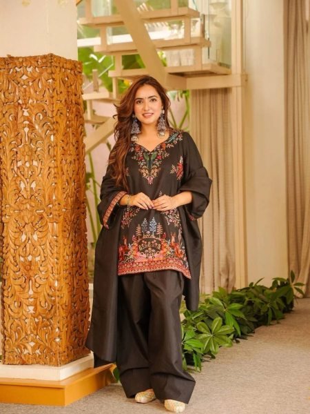Charming Black Heavy Rayon Farshi Palazzo Suit with Intricate Thread Work Ready To Wear Suit