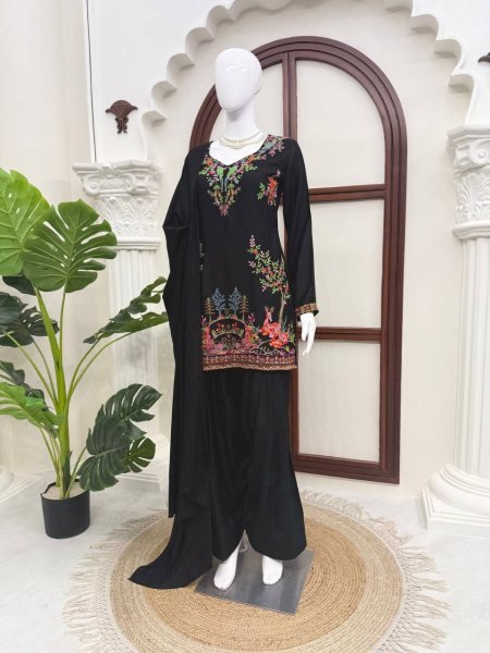 Charming Black Heavy Rayon Farshi Palazzo Suit with Intricate Thread Work Ready To Wear Collection