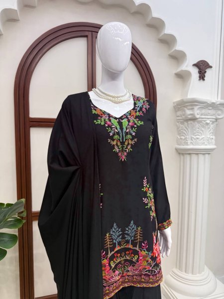 Charming Black Heavy Rayon Farshi Palazzo Suit with Intricate Thread Work Ready To Wear Collection
