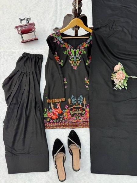 Charming Black Heavy Rayon Farshi Palazzo Suit with Intricate Thread Work Ready To Wear Collection