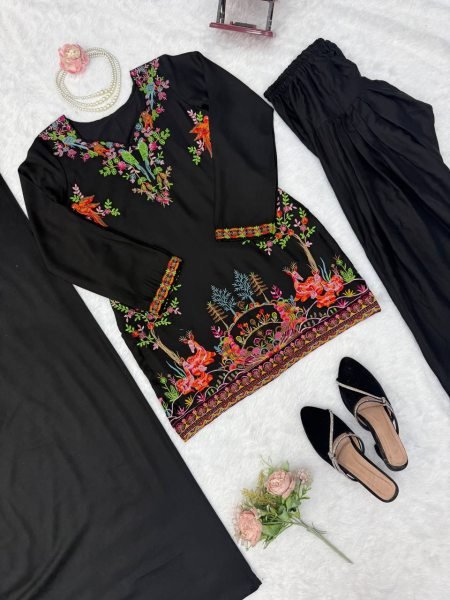 Charming Black Heavy Rayon Farshi Palazzo Suit with Intricate Thread Work Ready To Wear Collection