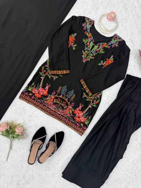 Charming Black Heavy Rayon Farshi Palazzo Suit with Intricate Thread Work Ready To Wear Collection