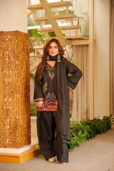 Charming Black Heavy Rayon Farshi Palazzo Suit with Intricate Thread Work Ready To Wear Collection