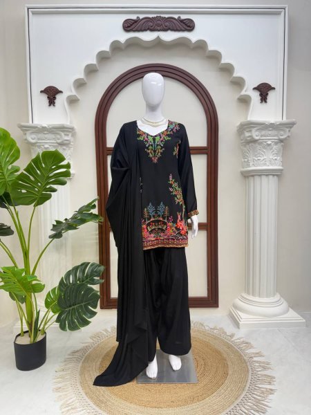 Charming Black Heavy Rayon Farshi Palazzo Suit with Intricate Thread Work Ready To Wear Collection