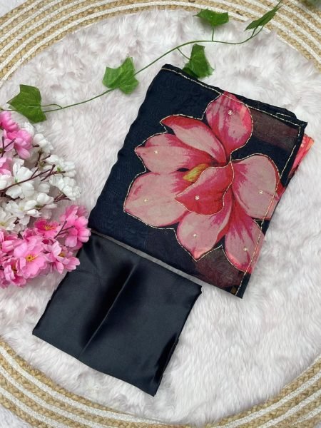 Charming Black Premium Floral Digital Print Chiffon Saree with Pipe Work For Party Printed Cotton Sarees Wholesale