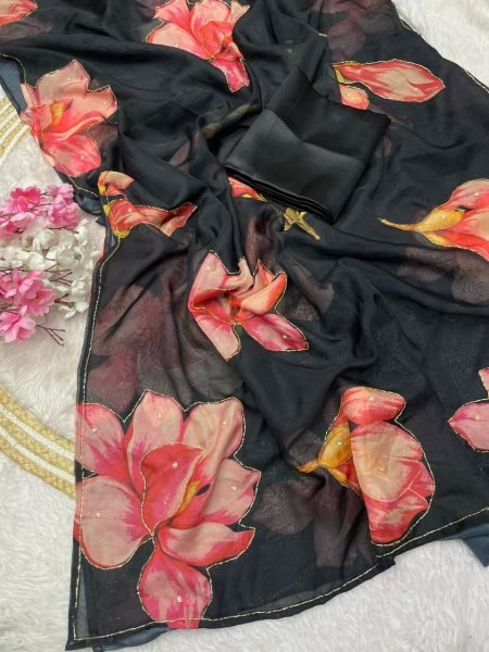 Charming Black Premium Floral Digital Print Chiffon Saree with Pipe Work For Party Printed Cotton Sarees Wholesale