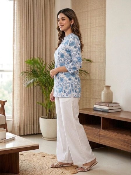 Charming Blue Floral Print Short Kurti and Flared Palazzo 2-Piece Co-ord Set CO ORD Sets