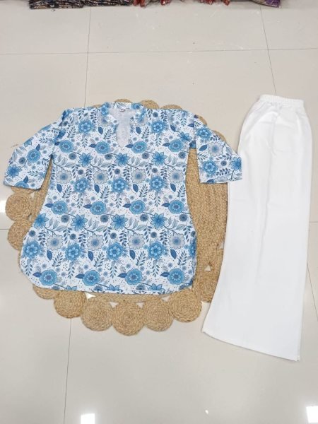 Charming Blue Floral Print Short Kurti and Flared Palazzo 2-Piece Co-ord Set CO ORD Sets