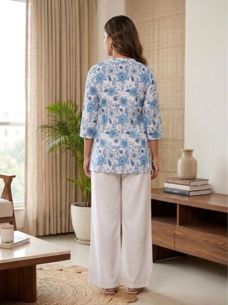 Charming Blue Floral Print Short Kurti and Flared Palazzo 2-Piece Co-ord Set CO ORD Sets