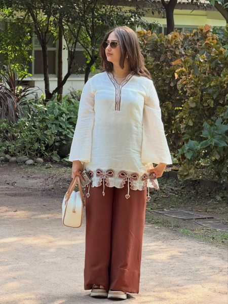 Charming Brown Designer Roman Silk Party Wear Top Palazzo Collection for Daily Wear Ready To Wear Collection