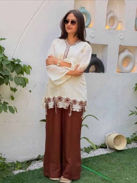 Charming Brown Designer Roman Silk Party Wear Top Palazzo Collection for Daily Wear Ready To Wear Collection