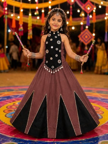 Charming Brown Girls Navratri Chaniya Choli with Mirror Work for Garba Girls Wear