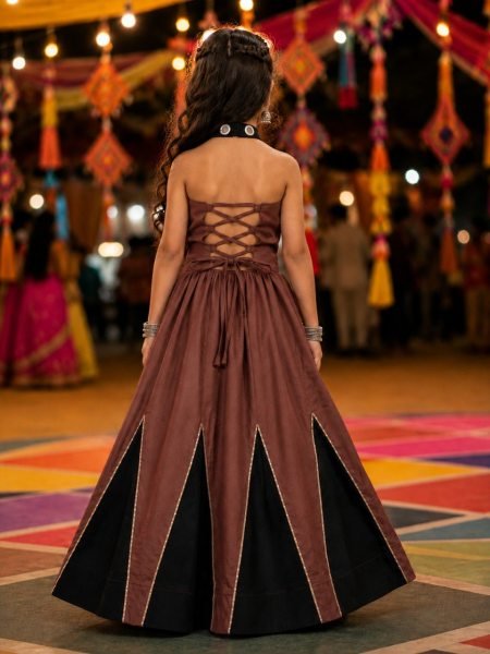 Charming Brown Girls Navratri Chaniya Choli with Mirror Work for Garba Girls Wear