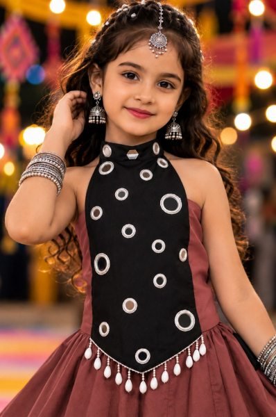 Charming Brown Girls Navratri Chaniya Choli with Mirror Work for Garba Girls Wear