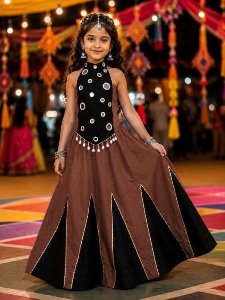 Charming Brown Girls Navratri Chaniya Choli with Mirror Work for Garba Girls Wear