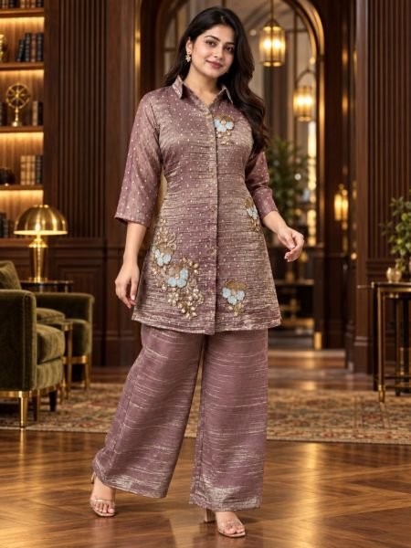Charming Brown Premium Salsa Butti Embroidered Co Ord Set for Women 