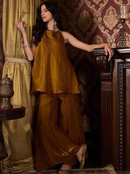 Charming Brown Plain Fendy Satin Ethnic Kurti Pant Set for Women with Premium Soft Fabric Finish CO ORD Sets