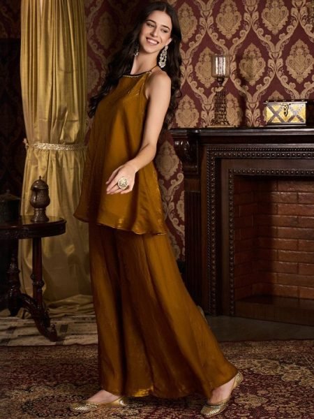 Charming Brown Plain Fendy Satin Ethnic Kurti Pant Set for Women with Premium Soft Fabric Finish CO ORD Sets